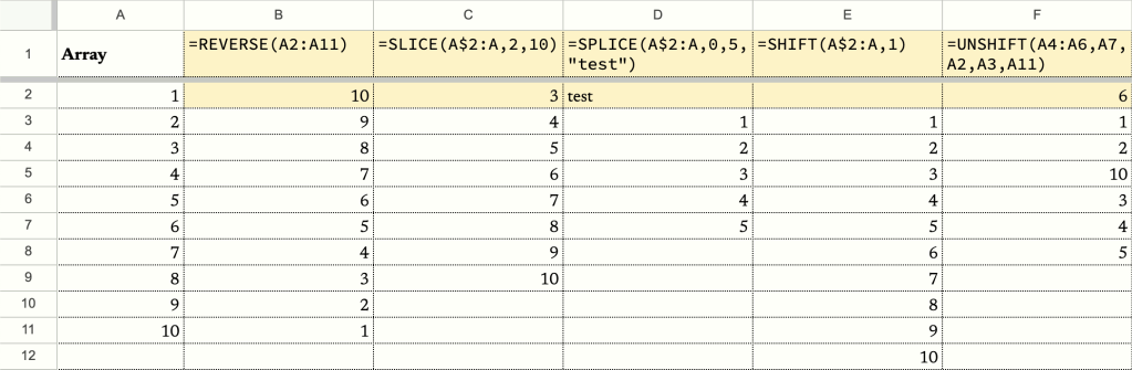 Slice, Splice, Shift, Unshift – Google Sheets custom functions for array operations